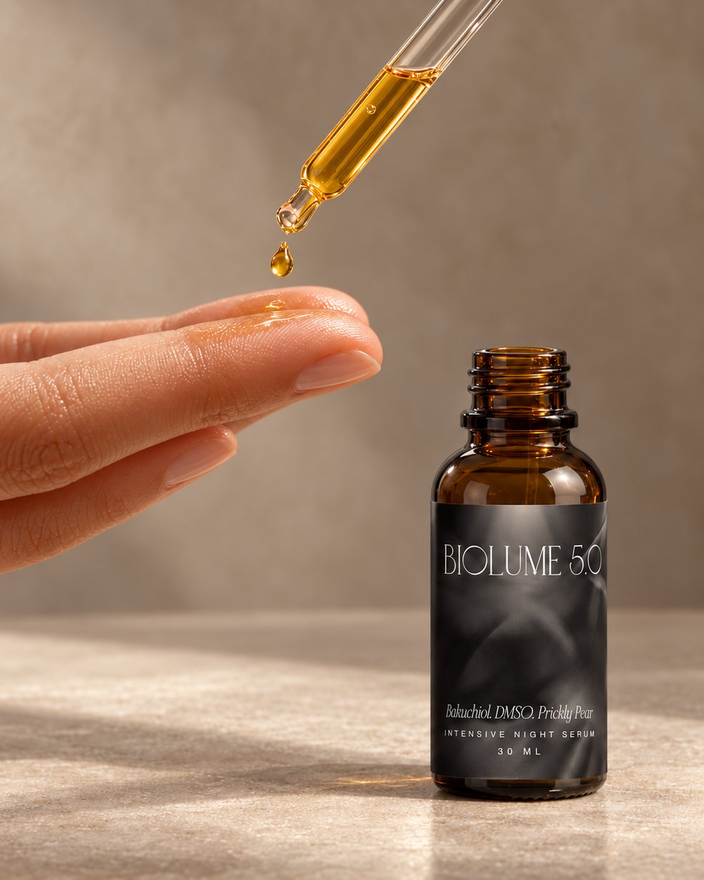A drop of BioLume falling onto fingertips