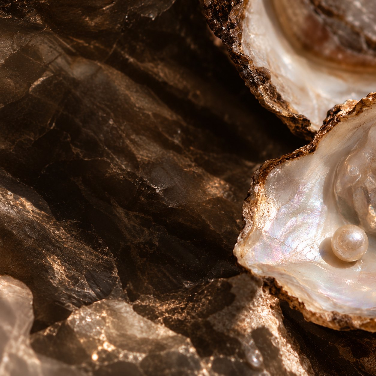 A single pearl resting in an open oyster shell on dark stone