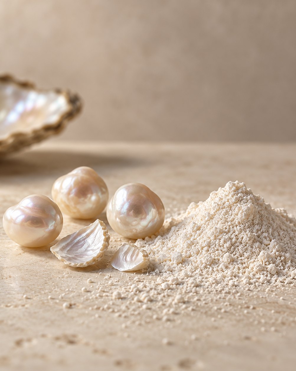 Saltwater pearls beside crushed pearl powder