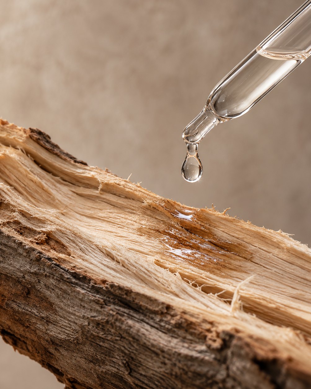 A clear drop falling onto split wood